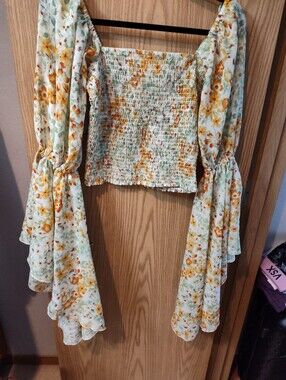 Floral Smocked Square-Neck Top with Ruffled Long Sleeves - Yellow Floral